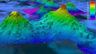A sonar image of seamounts at the bottom of the ocean. The seamounts are color coded by height, so they are blue at the bottom and red at the top.