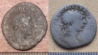 two worn roman coins in copper and silver